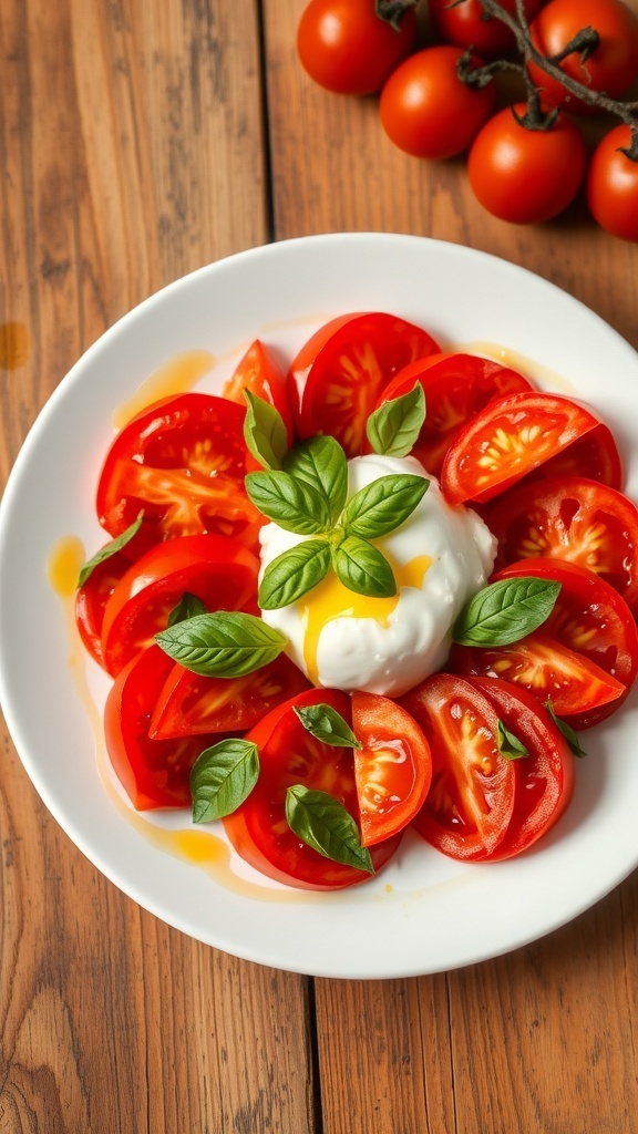 A colorful tomato and burrata salad with sliced tomatoes, creamy burrata, basil, and olive oil on a wooden table.